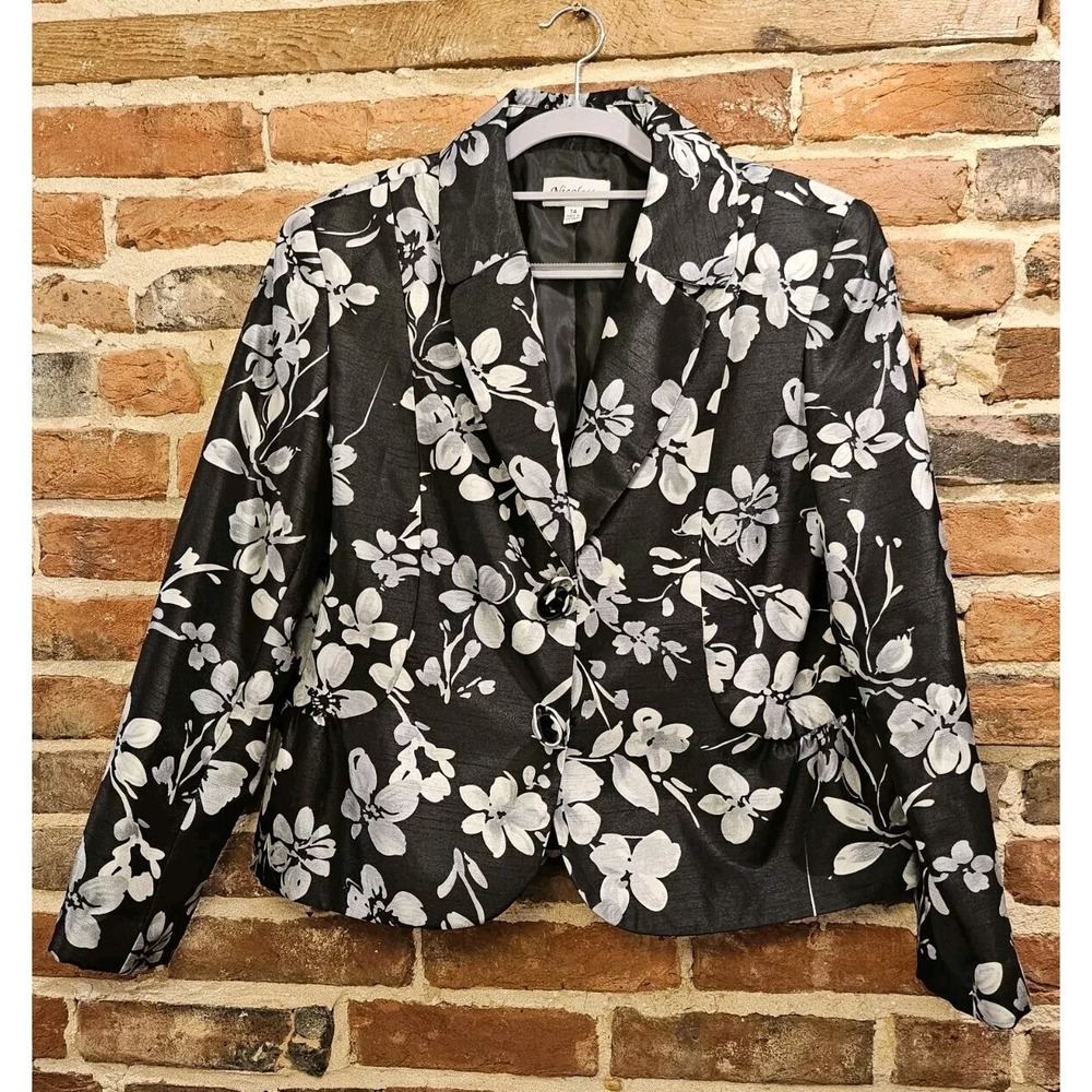 Nicolette Women's Black Gray Rose Buttons Blazer Jacket Sz14 EUC!